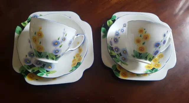 art deco English bone china trios x 2 cup saucer plate A.B.J. Grafton holly hock