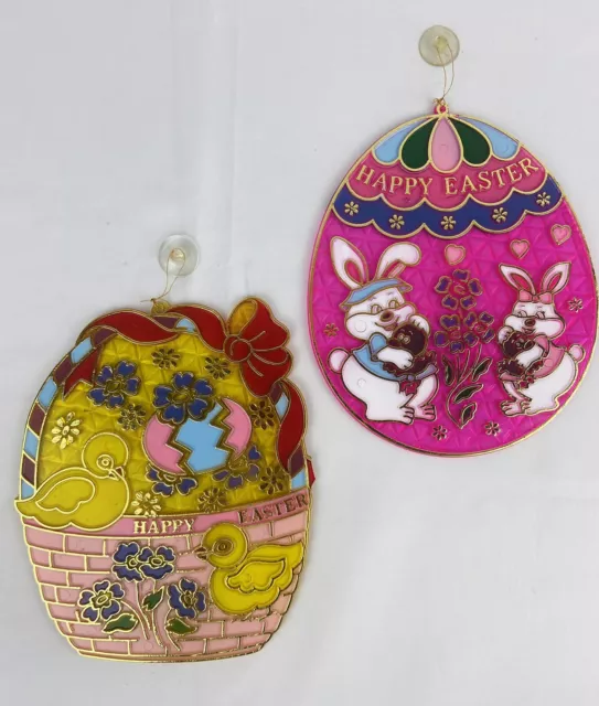 Vintage Easter Suncatchers 2pc “Stained Glass” Style Plastic Retro Hangings