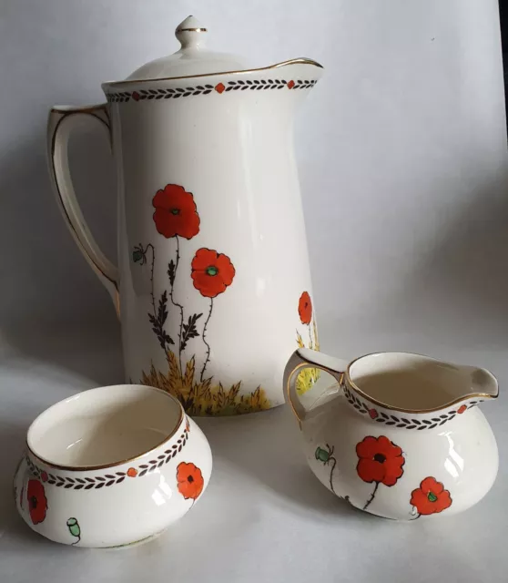 Crown Ducal Ware Coffee Pot, Milk Jug & Sugar Pot Red Poppy Design 1915 2