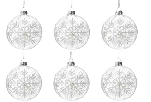 Heaven Sends Clear Glass Snowflake Pearls Round Bauble Xmas Tree Decoration x6
