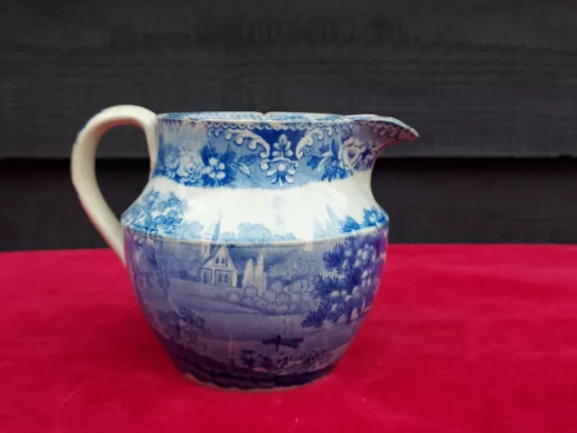 Antique Blue & White transferware jug, landscape scene, English, early 19C