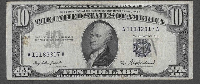 FR. 1707 Ten Dollars ($10) Series of 1953A Blue Seal Silver Certificate