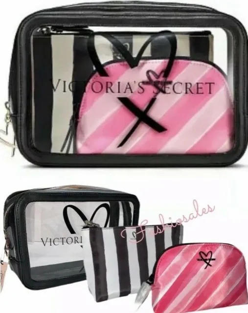 VICTORIAS SECRET TRIO Bag Set Of 3 Make Up Case Cosmetic Bag Clear