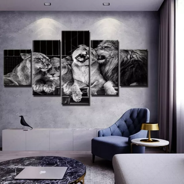 Gray Wall Art Canvas Painting Picture Home Decor Modern Abstract Lion Animals