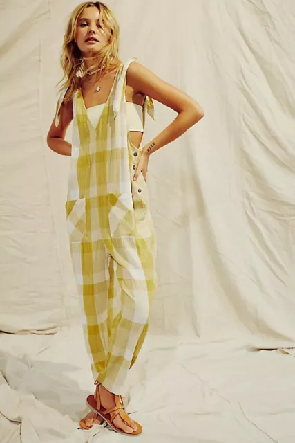 Free People Don't You Want This Plaid Jumpsuit, Green Yellow, Small, RRP $128