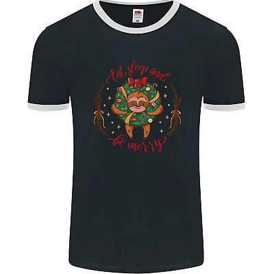 Sloth Eat Sleep & Be Merry Funny Christmas Mens Ringer T-Shirt FotL
