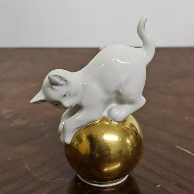 Vintage Rosenthal Franz Nagy Porzellan Katze auf Gold Kugel Figur