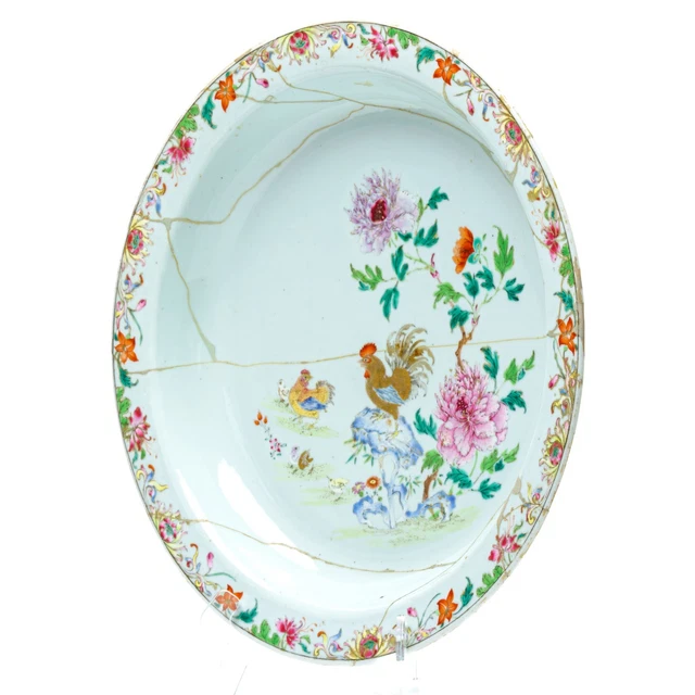 See Chicken CHINESE CHICKEN COCKEREL Porcelain Charger Famille Rose Gilt Qing ...
