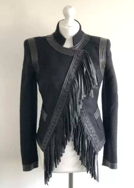 100% Genuine Roberto Cavalli Black Fringe Leather and Wool Women Jacket - IT 42