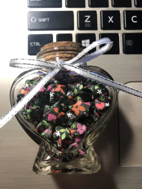 Handmade Flower Pattern Origami Lucky Stars In A Heart Shaped Jar 3in (Black)