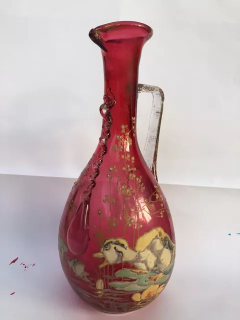 CARAFE Ancienne verre rouge émaillé Goutte d'Eau -Décor canard et grenouille