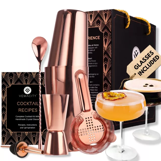 Complete Rose Gold Cocktail Shaker Set with 2 Handmade Martini Coupe Glasses