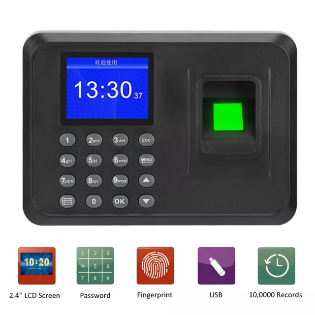 2.4" LCD Biometric Fingerprint Password Attendance Machine Time Clock Recorder