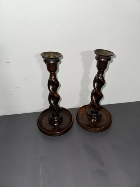 Pair Of  oak Wood “ BARLEY TWIST” Candlesticks candle holder Vintage antique