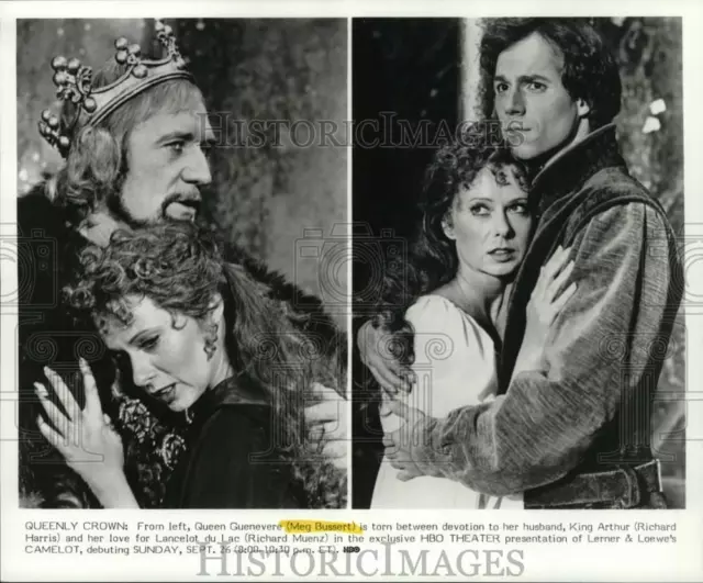 1982 Press Photo Meg Bussert, Richard Harris, Richard Muenz in "Camelot"