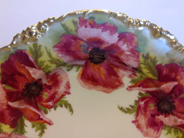 Antique Jean Pouyat Limoges JPL Red Poppies Hand Painted 9 3/4" Cabinet Plate 2