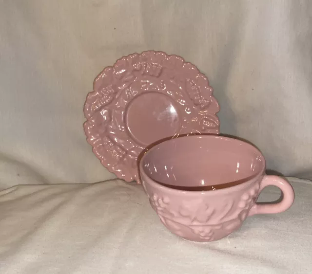 VTG PV Italy Pink Embossed Grape Majolica Tea Cup And Saucer