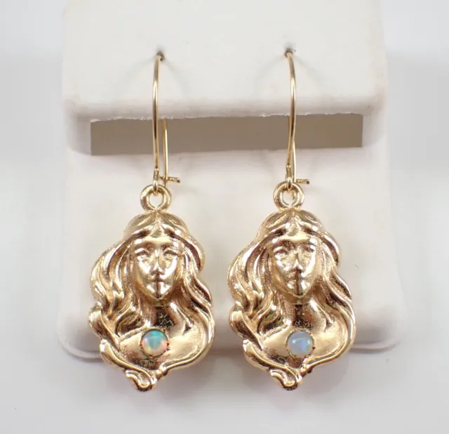 Antique 14K Yellow Gold Opal Dangle Earrings Victorian Art Deco