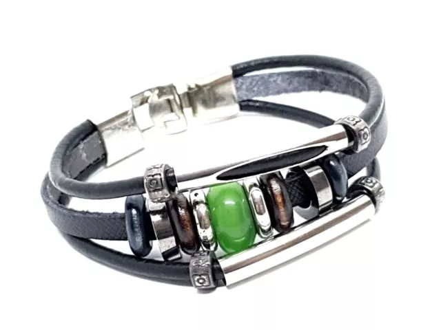 Pulsera de Cuero Vikingo Negro Jade Verde & Madera Cuentas de Metal Cierre... 3