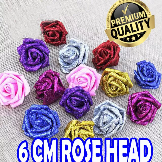 100 Pcs Large 6CM Glitter Artificial Flowers Foam Rose Heads Wedding best UK....