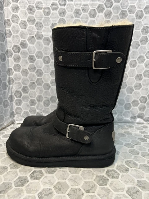 UGG Kensington Women's Moto Biker Boots Black Leather Sherpa Fur Lined Sz 6