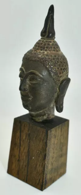 Mounted Antique U Thong Period Bronze Buddha Head Fragment from Thailand