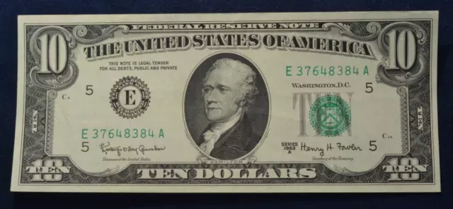 1963 A $10 Federal Reserve Note Green Seal Henry Fowler