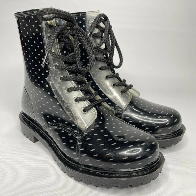 Dirty Laundry Roadie Rain Boots Black White Dot Jelly Combat Women's Size 7