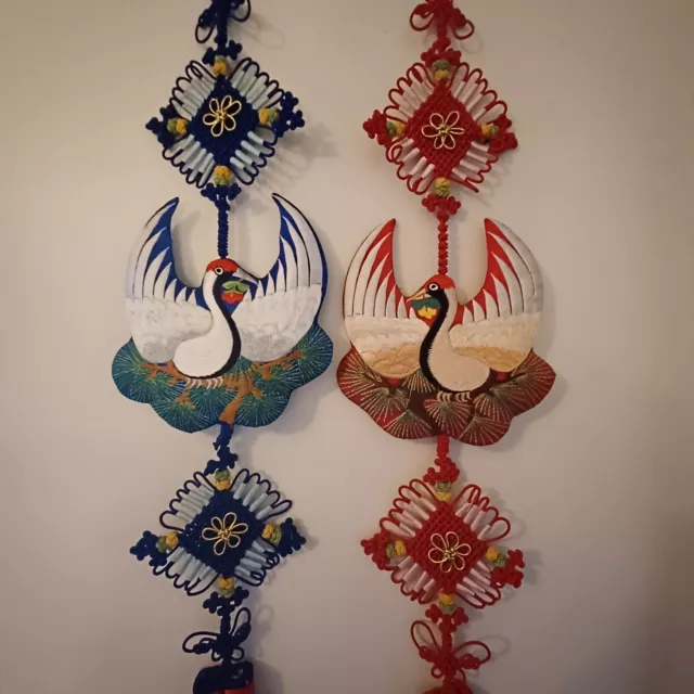 Korean Traditional Wall Decor Blue Red Tassel Swans Hand Sewn Embroidered Pair