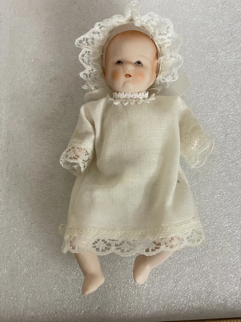 Baby Doll Bisque Porcelain Cloth Body Handmade Dress Hat Wicker Carriage Vintage 2