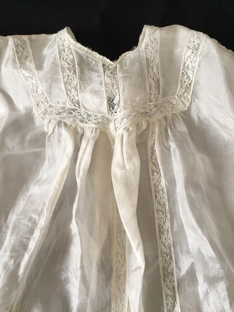 Antique Ivory Silk & Venetian Lace Baby  Dress Gown Vintage