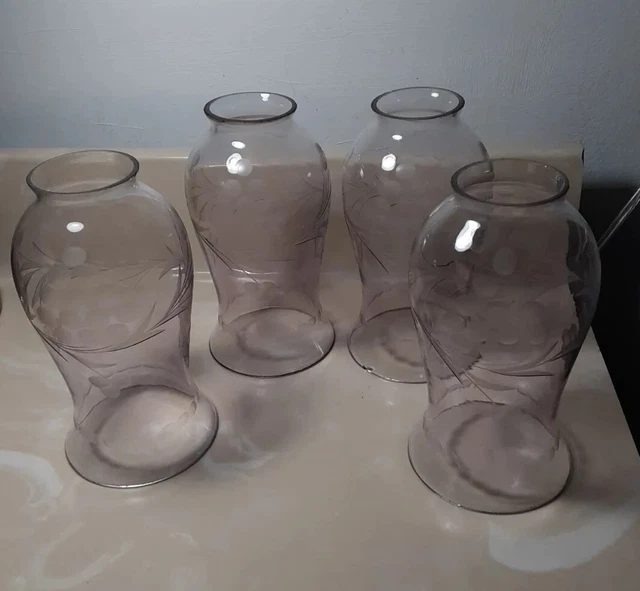 4 matching vtg Hurricane? Chandelier? etched grapes shades 2 1/8" flared base