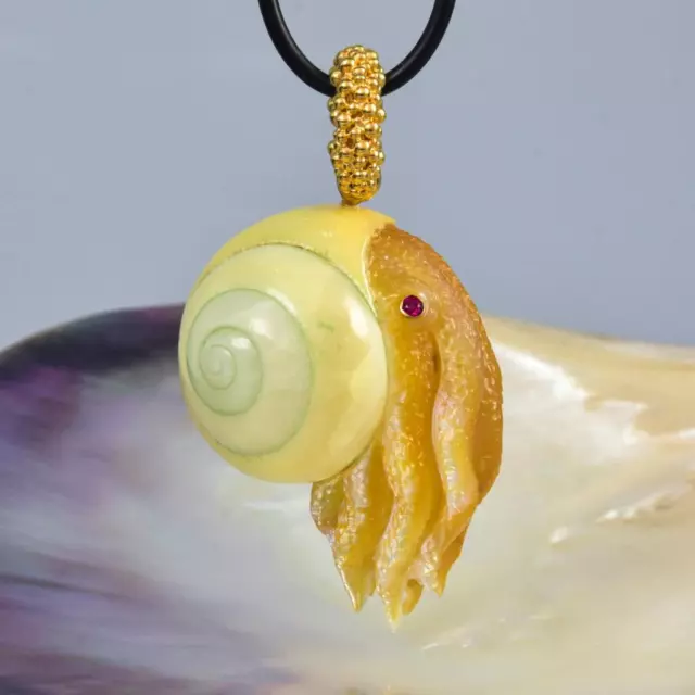 Octopus Pendant Land Snail Mother-of-Pearl Carving & Gold Vermeil Sterling 19.1g