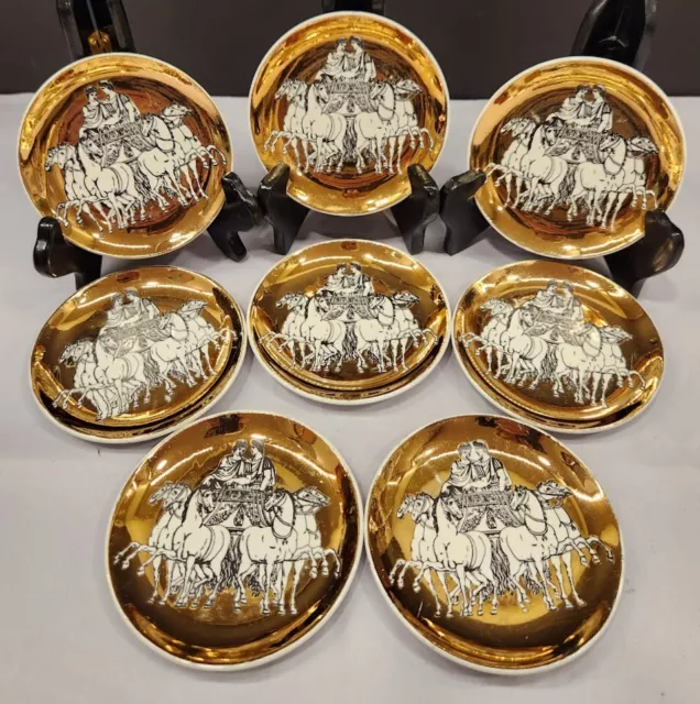 Fornasetti Milano Vintage Golden Roman Chariot Coasters Saks Fifth Ave Set of 8