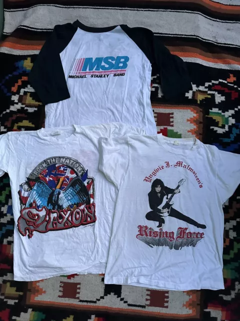 Vintage 80s Yngwie Malmsteen Saxon Michael Stanley Raglan Rock Band Lot T Shirt