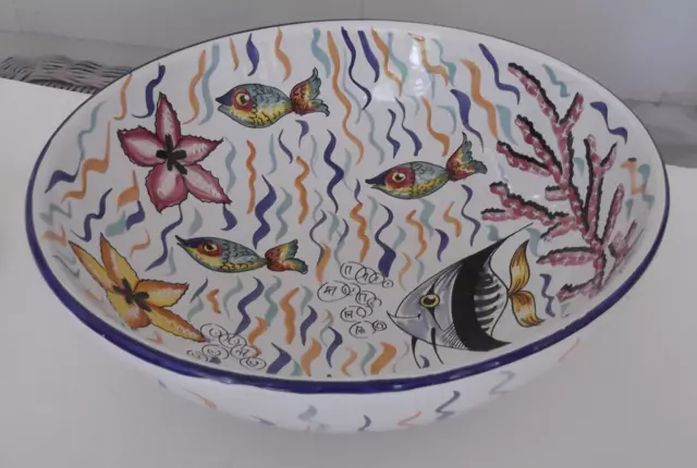 Large 13-1/2" Sberna Deruta Italy Hand Painted Serving or Console Bowl w/Fish