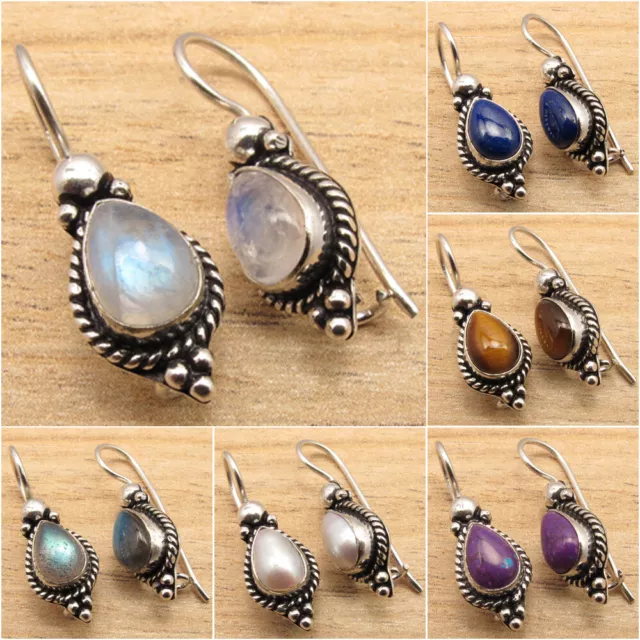 925 Silver Plated Rainbow Moonstone & Other Gemstone OXIDIZED Earrings