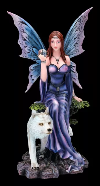 Figura de Elfo - Mystique Con Lobo Hada Fantasía Decoración 29cm Azul