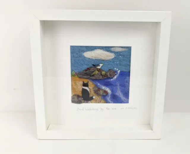 Handmade Felted Landscape Art E. McWhinney Cat Seascape Kitten Oceanscape