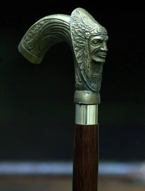 Antique Indian Chief Head Brass Wooden Working Walking stick Cane new handmade
