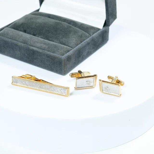 CHRISTIAN DIOR GOLD & Silver Tone Mens Cufflinks Tie Clasp Set With Box