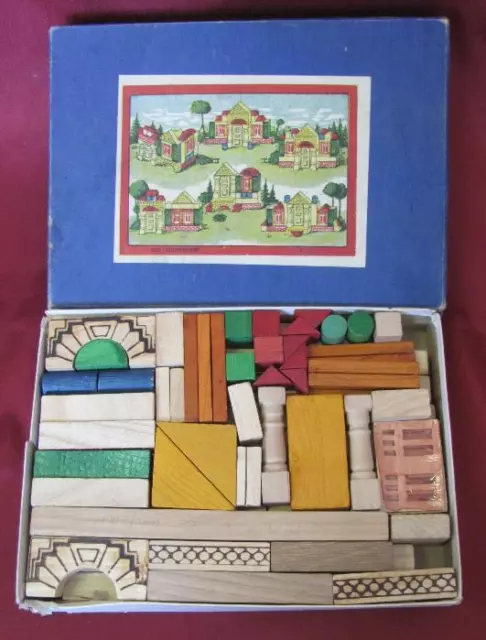 1950s VINTAGE KIDS CHILDRENS TOY WOODEN BUILDING BLOCKS HOUSE IN ORIGINAL BOX