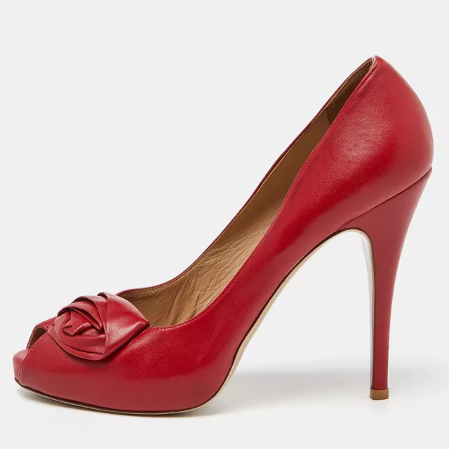 Valentino Red Leather Rose Applique Peep Toe Pumps Size 41