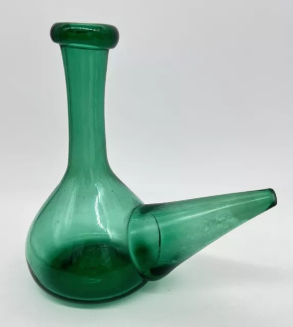 Spanish Hand Blown Green Glass Porron Wine Pitcher Decanter Pourer 7.5” Vintage