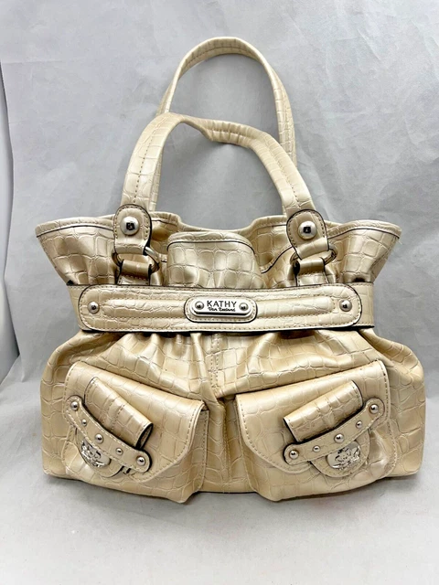 KATHY VAN ZEELAND Ivory Brown VINYL HANDBAG PURSE SHOULDER BAG 10.75X13.5 Damage