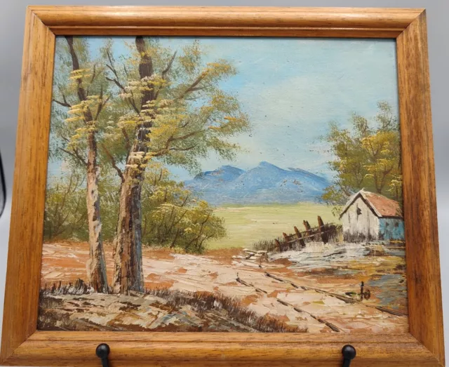 🍀Peinture à l’huile sur bois, années 70, Paysage Maison Tableau signé