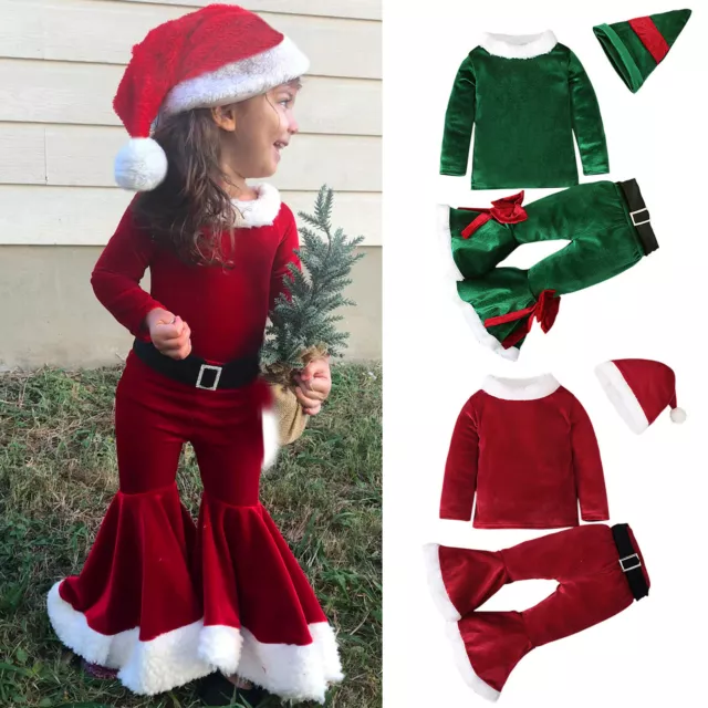 Toddler Baby Kids Girls Christmas Cosplay Patchwork Tops Pants Hat Belt Outfits