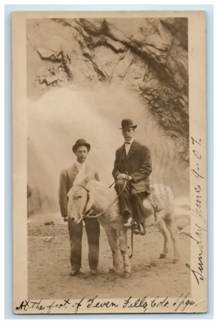 1907 Seven Falls Colorado Springs CO, Donkey RPPC Photo Waterfalls Postcard