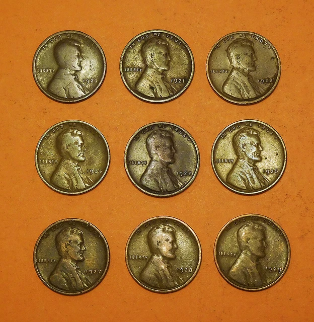 1920-1929 Philadelphia Lincoln Wheat Cent Run 9 Penny Starter Twenties 1920s Set