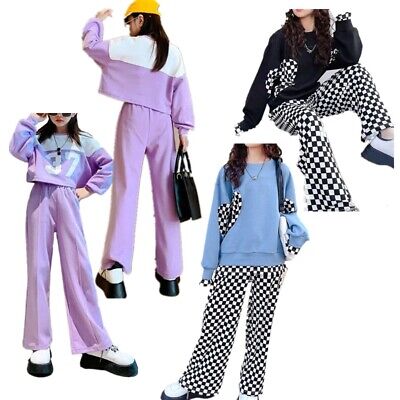 Girls Casual Outfit Long Kid Sleeve Suit Plaid Sportswear Sweatshirt + Pants Set